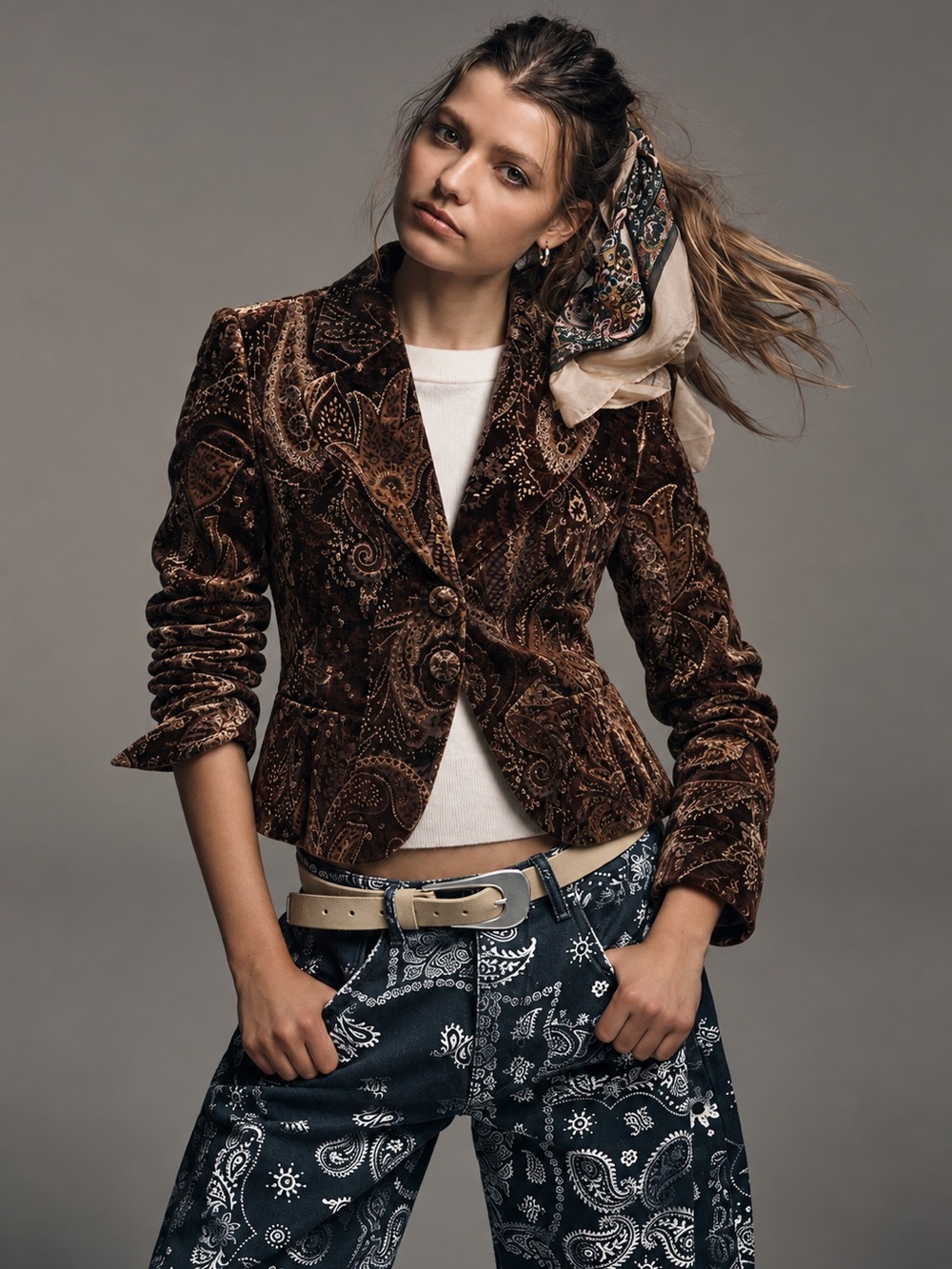 209. Velvet Paisley Tailored Jacket in Chocolate Brown